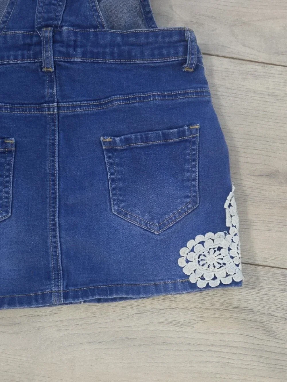 Soho Blue Denim Pinafore Skirt with White Lace Trim
